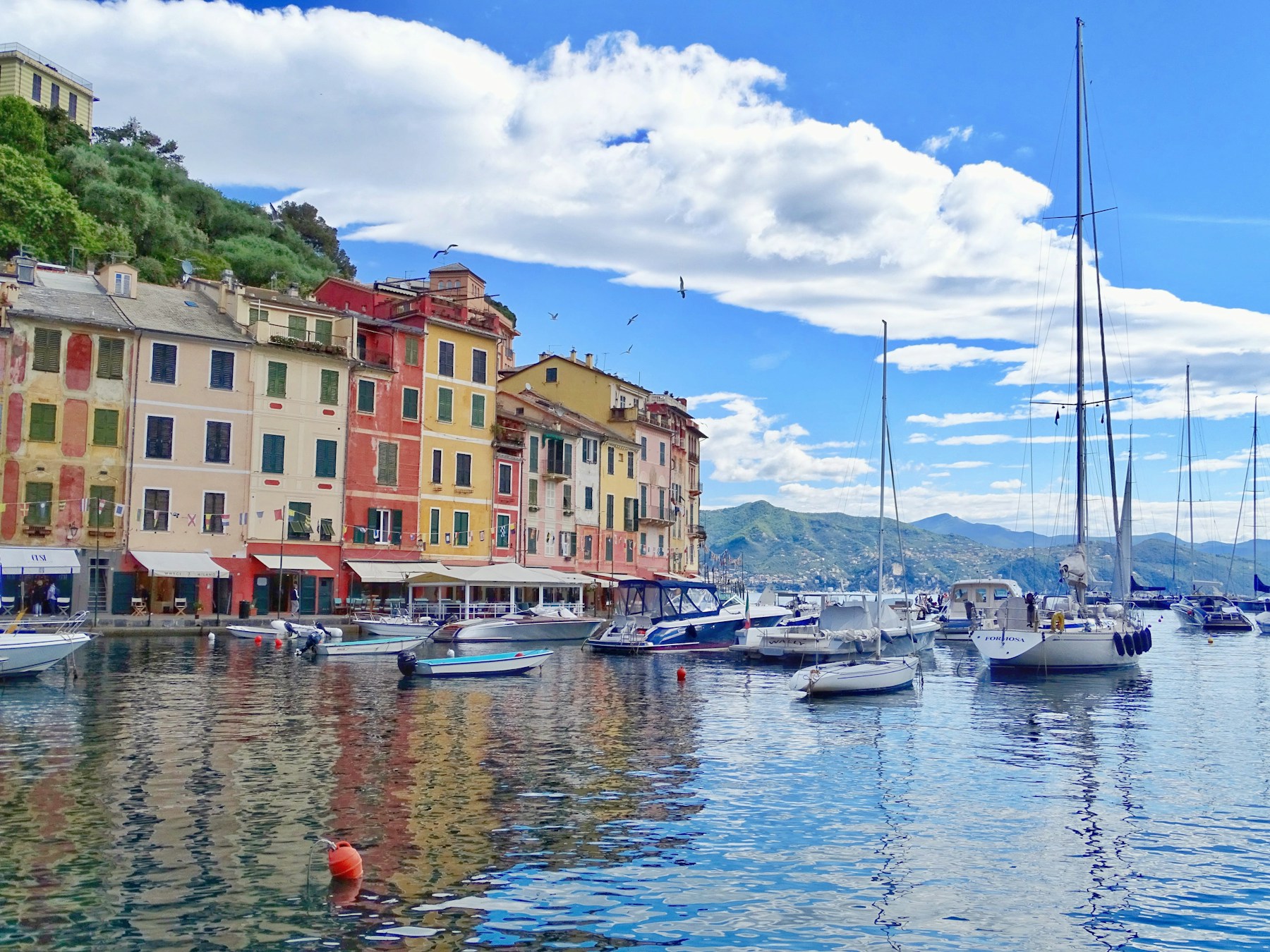 Colourful Portofino harbour buildings and boats on a sunny day